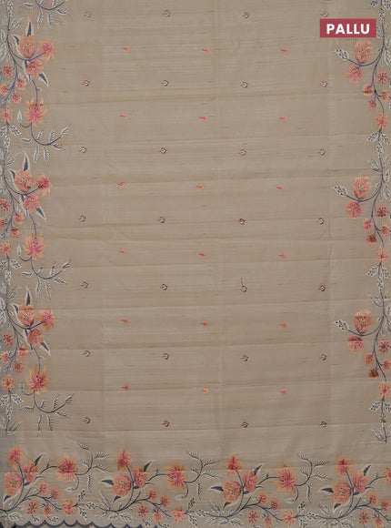 Semi raw silk saree beige with embroidery buttas and embriodery border