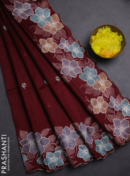 Semi raw silk saree deep maroon with embroidery buttas and embriodery border