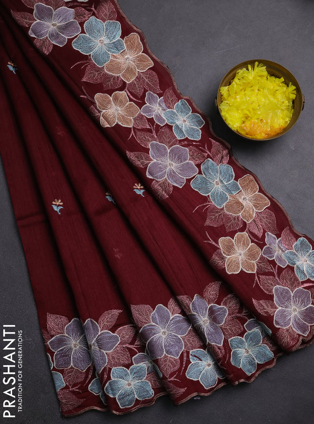 Semi raw silk saree deep maroon with embroidery buttas and embriodery border