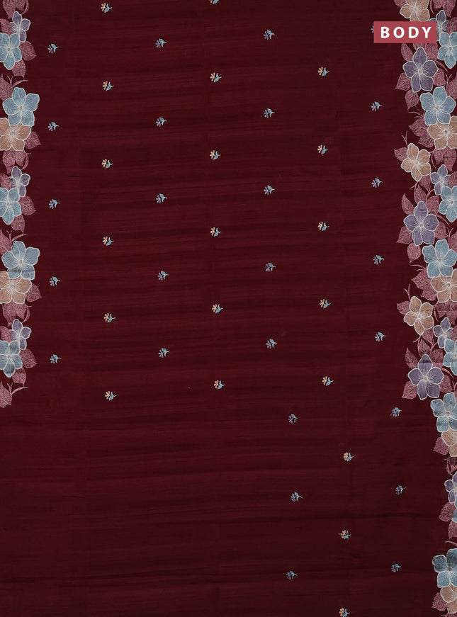 Semi raw silk saree deep maroon with embroidery buttas and embriodery border