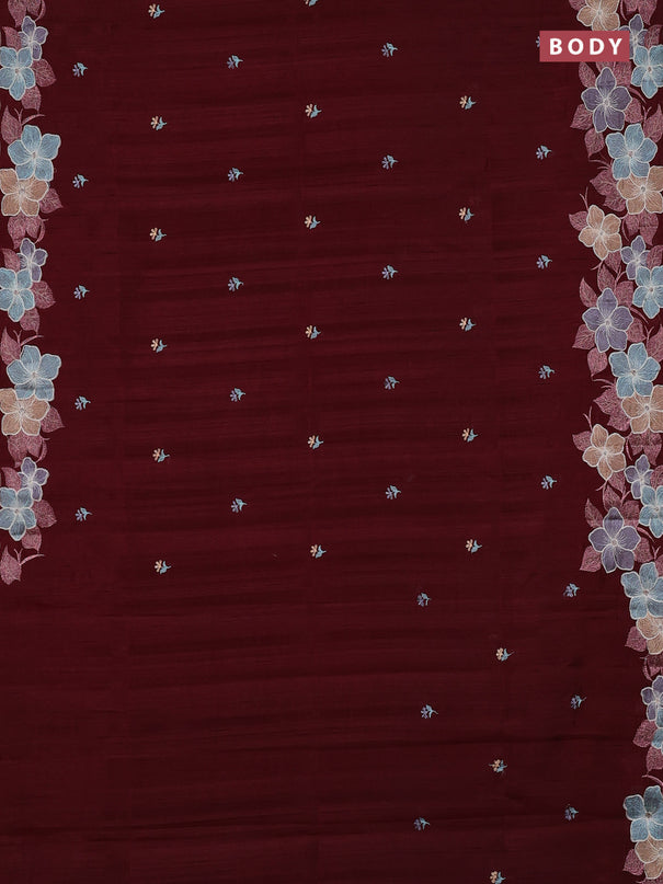 Semi raw silk saree deep maroon with embroidery buttas and embriodery border