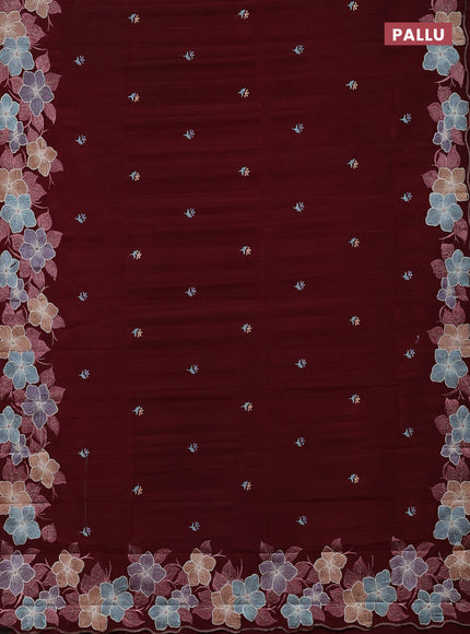Semi raw silk saree deep maroon with embroidery buttas and embriodery border