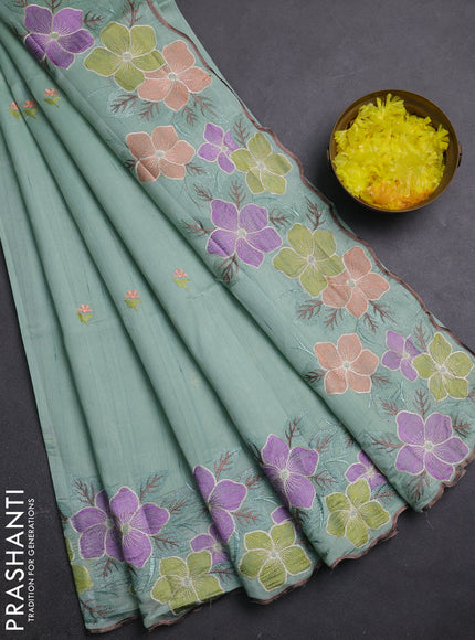 Semi raw silk saree pastel green with embroidery buttas and embriodery border