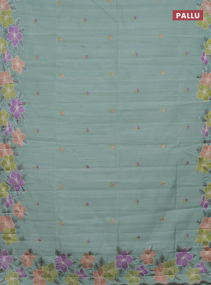 Semi raw silk saree pastel green with embroidery buttas and embriodery border