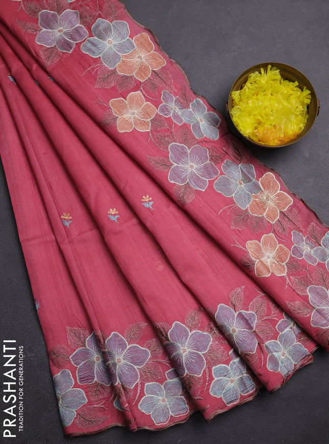 Semi raw silk saree peach pink with embroidery buttas and embriodery border
