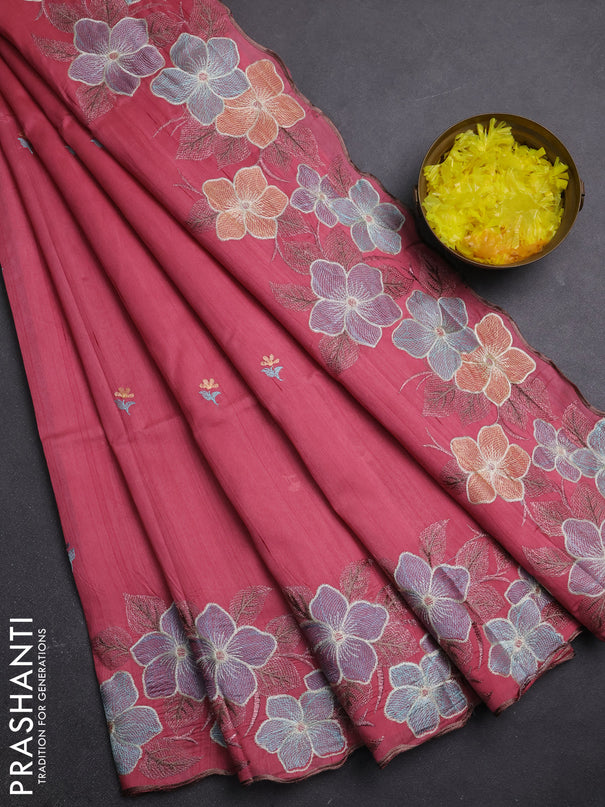 Semi raw silk saree peach pink with embroidery buttas and embriodery border