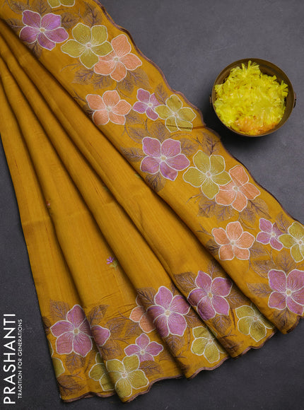Semi raw silk saree mustard yellow with embroidery buttas and embriodery border