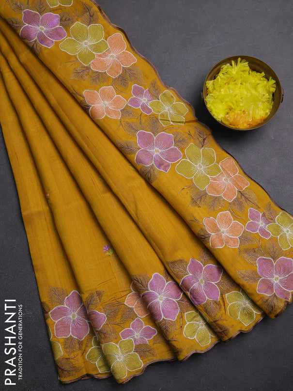 Semi raw silk saree mustard yellow with embroidery buttas and embriodery border