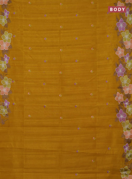 Semi raw silk saree mustard yellow with embroidery buttas and embriodery border