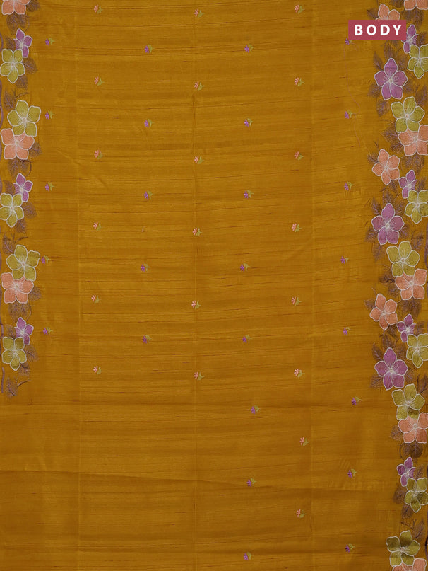 Semi raw silk saree mustard yellow with embroidery buttas and embriodery border