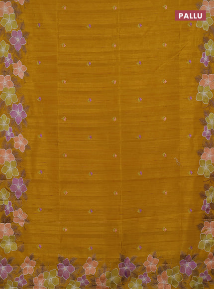Semi raw silk saree mustard yellow with embroidery buttas and embriodery border