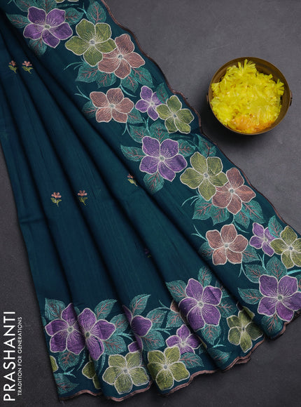 Semi raw silk saree peacock blue with embroidery buttas and embriodery border