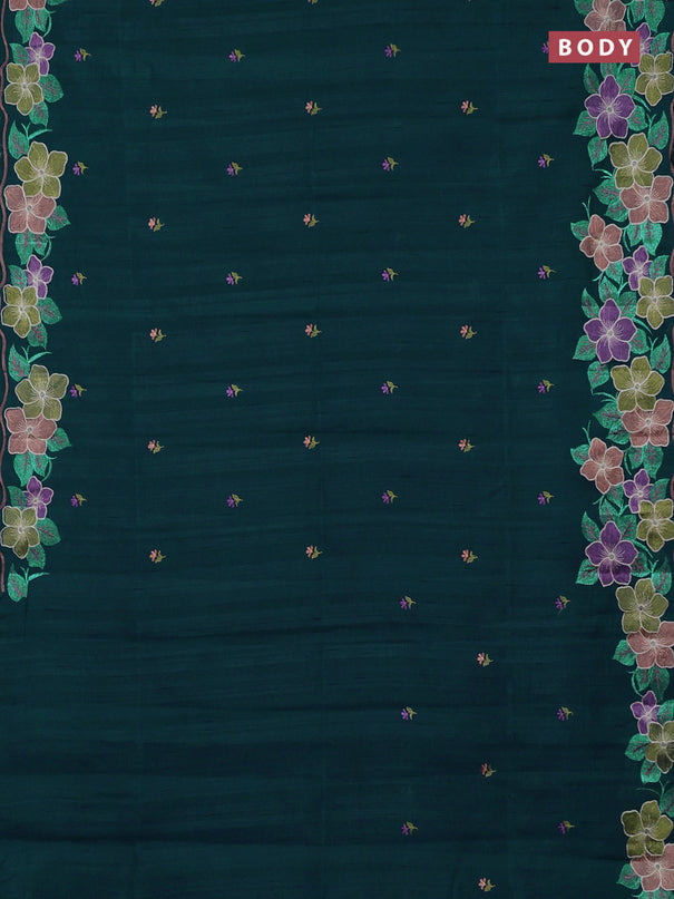 Semi raw silk saree peacock blue with embroidery buttas and embriodery border