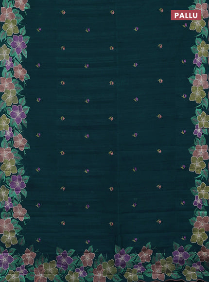 Semi raw silk saree peacock blue with embroidery buttas and embriodery border