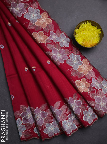Semi raw silk saree dark pink with embroidery buttas and embriodery border