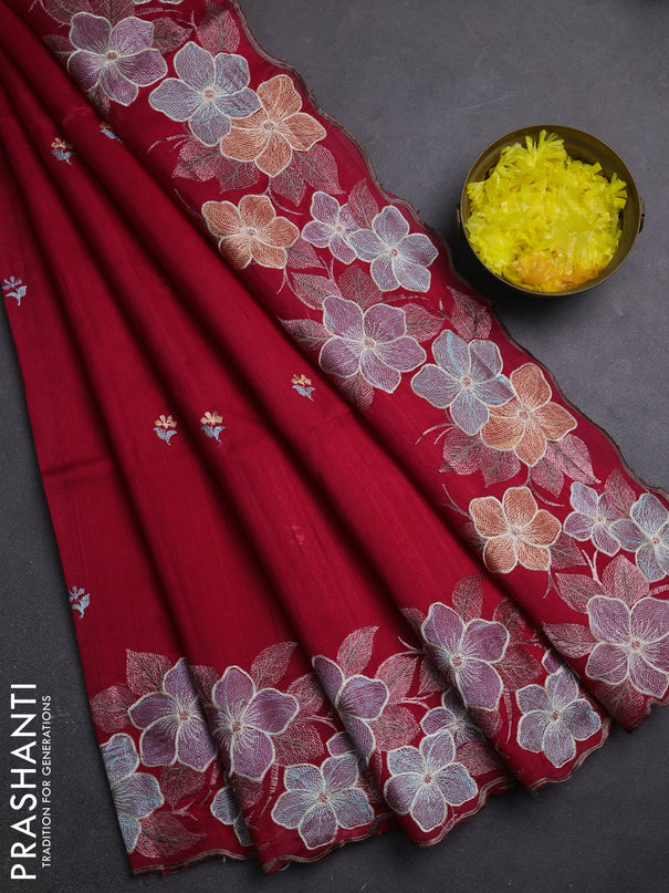 Semi raw silk saree dark pink with embroidery buttas and embriodery border