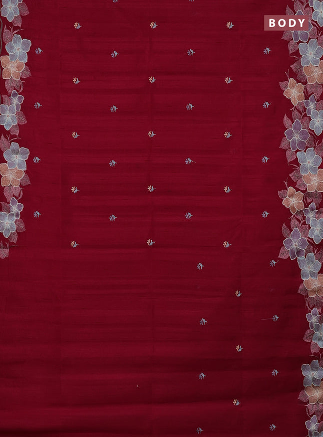 Semi raw silk saree dark pink with embroidery buttas and embriodery border