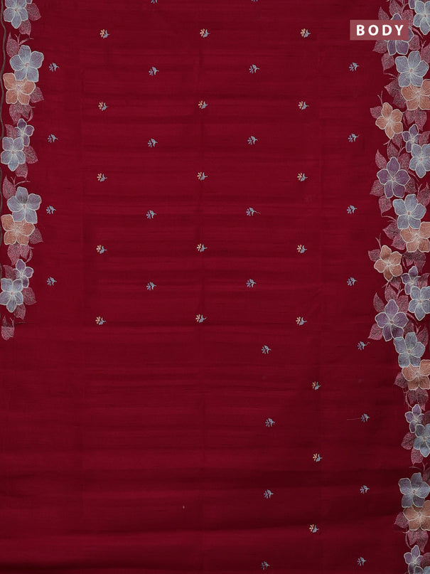 Semi raw silk saree dark pink with embroidery buttas and embriodery border