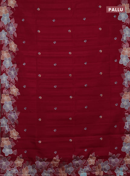 Semi raw silk saree dark pink with embroidery buttas and embriodery border
