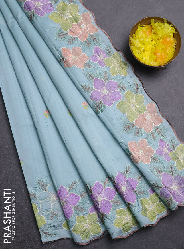 Semi raw silk saree pastel blue with embroidery buttas and embriodery border