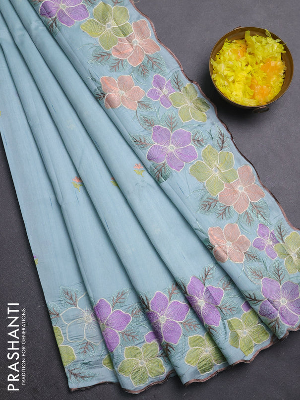 Semi raw silk saree pastel blue with embroidery buttas and embriodery border