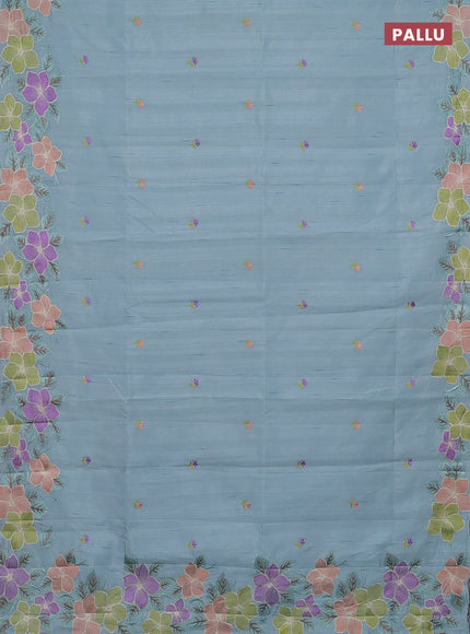 Semi raw silk saree pastel blue with embroidery buttas and embriodery border