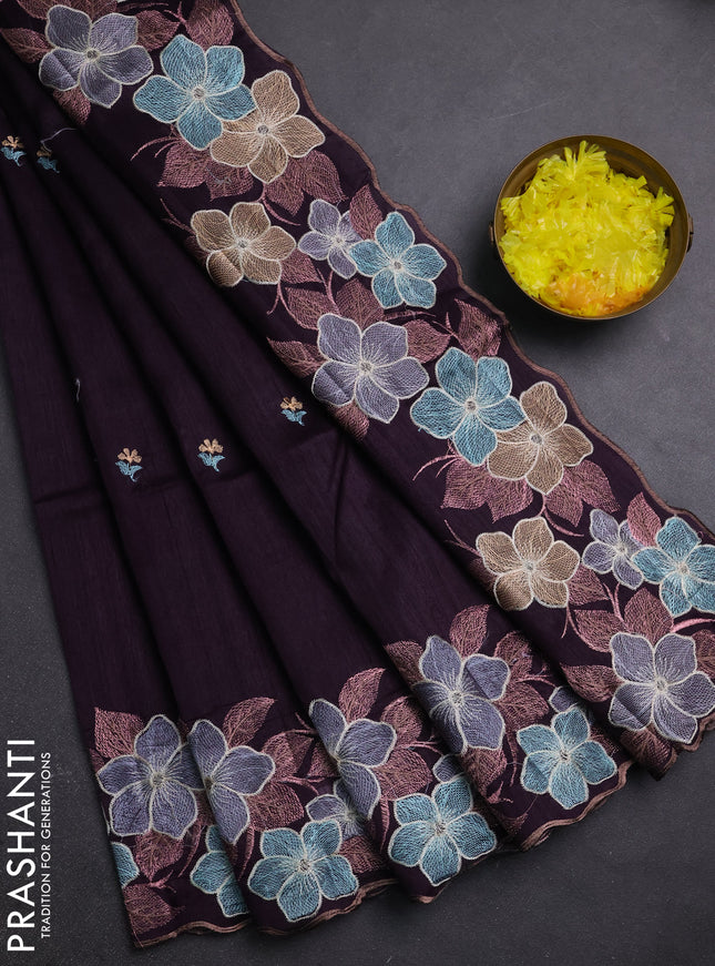 Semi raw silk saree deep purple with embroidery buttas and embriodery border
