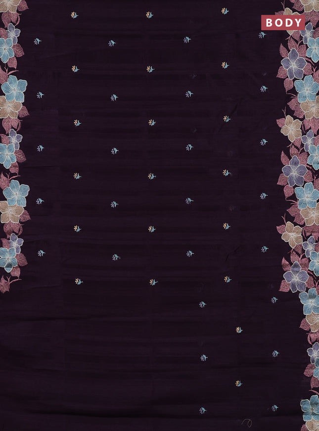 Semi raw silk saree deep purple with embroidery buttas and embriodery border