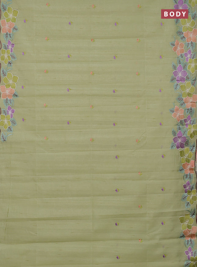 Semi raw silk saree pista green with embroidery buttas and embriodery border
