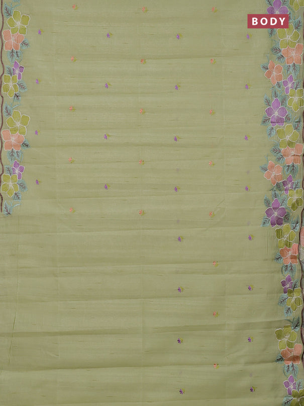 Semi raw silk saree pista green with embroidery buttas and embriodery border