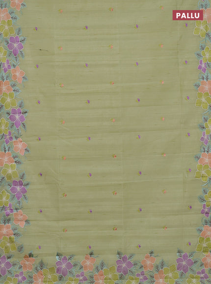 Semi raw silk saree pista green with embroidery buttas and embriodery border