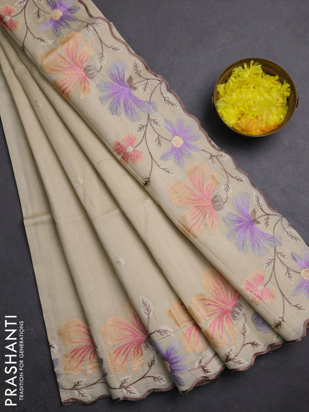Semi raw silk saree beige with embroidery buttas and embriodery border