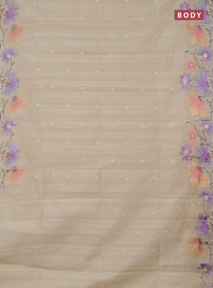 Semi raw silk saree beige with embroidery buttas and embriodery border