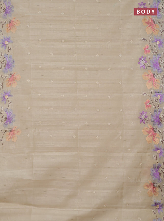 Semi raw silk saree beige with embroidery buttas and embriodery border