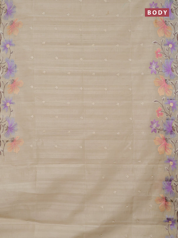 Semi raw silk saree beige with embroidery buttas and embriodery border