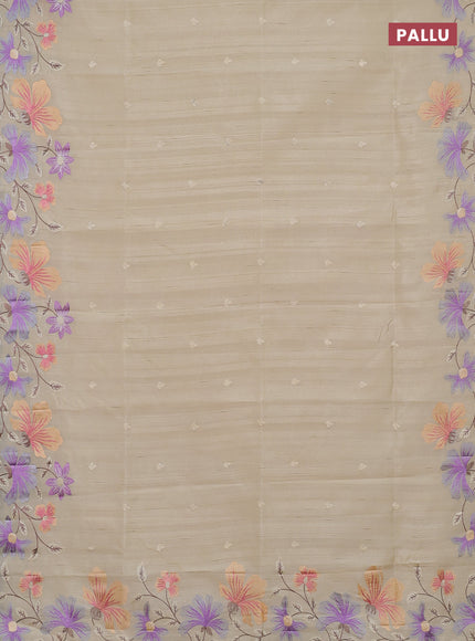 Semi raw silk saree beige with embroidery buttas and embriodery border