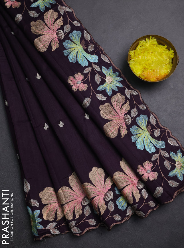 Semi raw silk saree wine shade with embroidery buttas and embriodery border