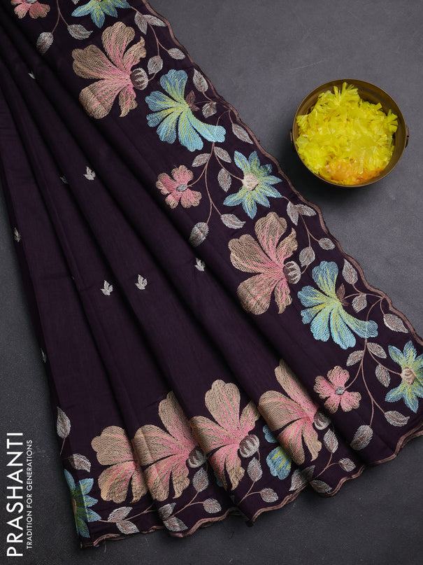 Semi raw silk saree wine shade with embroidery buttas and embriodery border