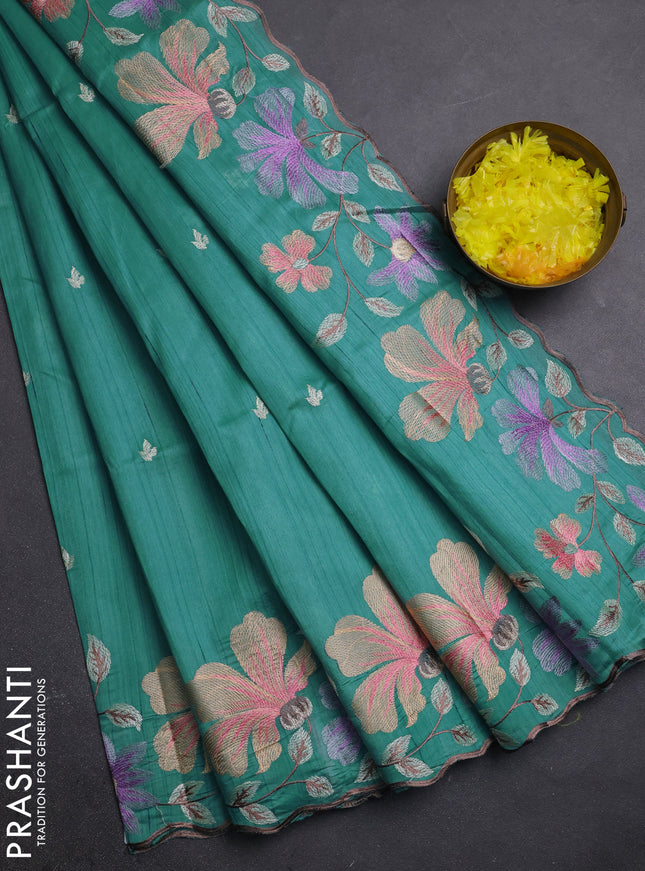Semi raw silk saree teal blue with embroidery buttas and embriodery border