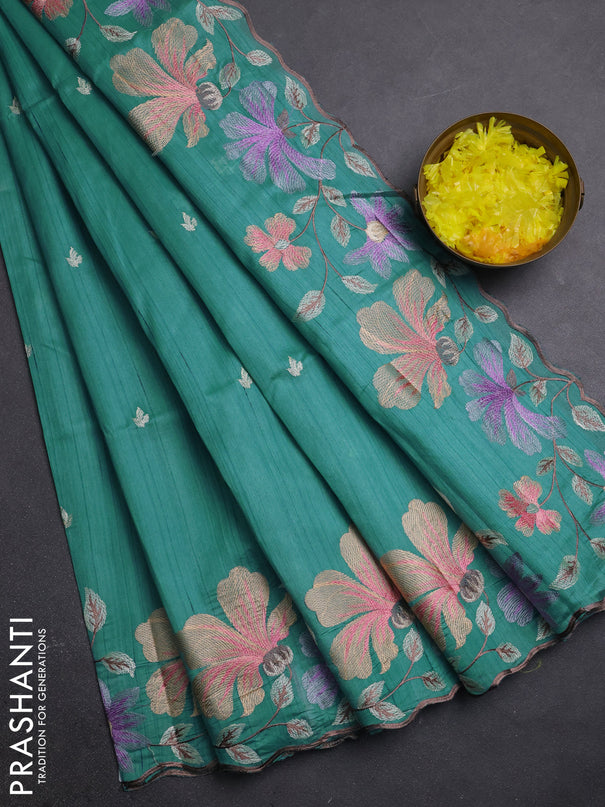Semi raw silk saree teal blue with embroidery buttas and embriodery border