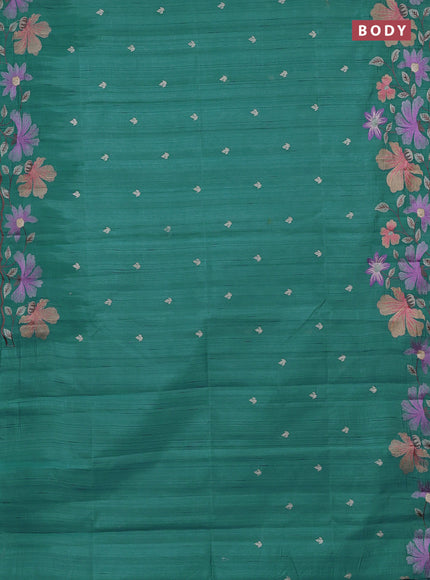 Semi raw silk saree teal blue with embroidery buttas and embriodery border
