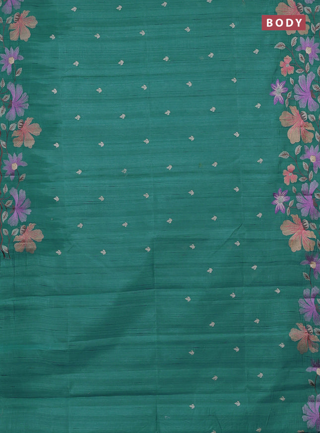 Semi raw silk saree teal blue with embroidery buttas and embriodery border