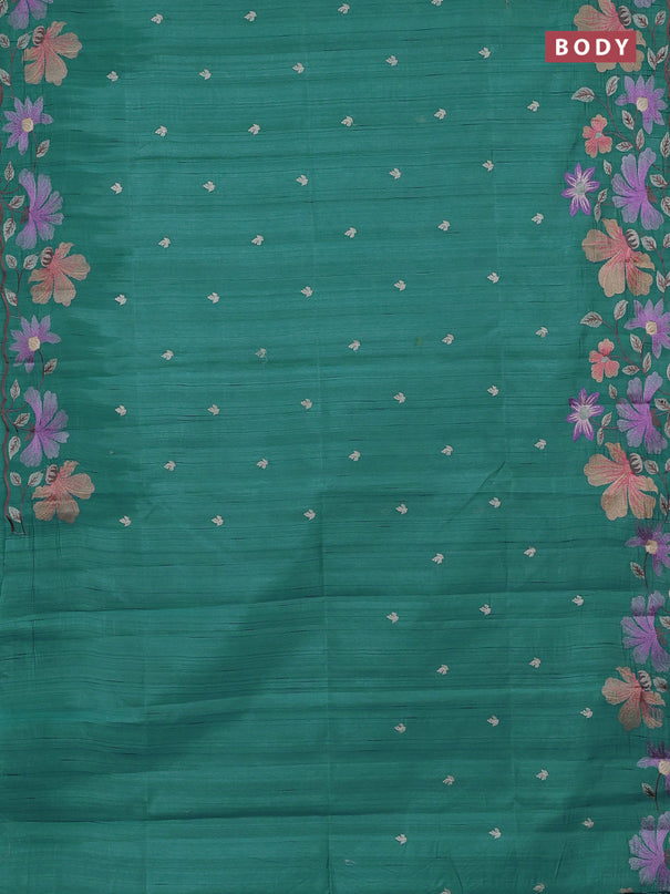 Semi raw silk saree teal blue with embroidery buttas and embriodery border