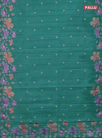 Semi raw silk saree teal blue with embroidery buttas and embriodery border