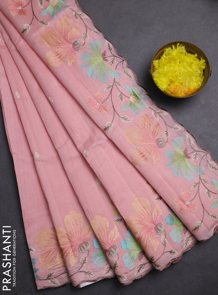Semi raw silk saree peach shade with embroidery buttas and embriodery border