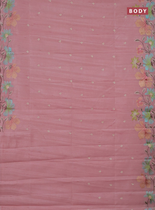 Semi raw silk saree peach shade with embroidery buttas and embriodery border