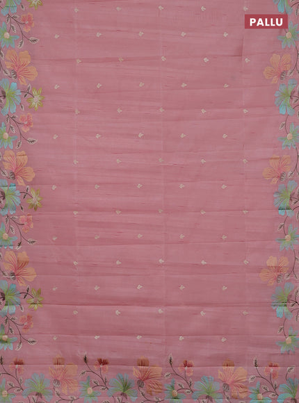 Semi raw silk saree peach shade with embroidery buttas and embriodery border