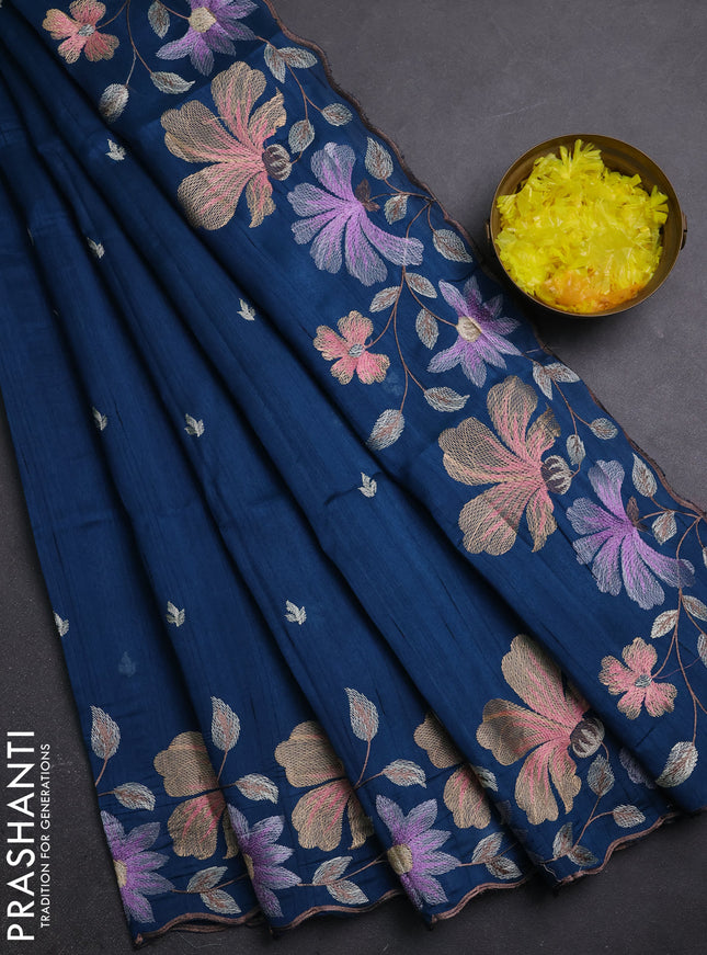 Semi raw silk saree peacock blue with embroidery buttas and embriodery border