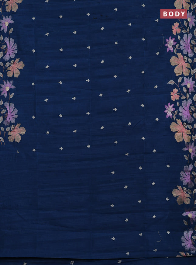 Semi raw silk saree peacock blue with embroidery buttas and embriodery border