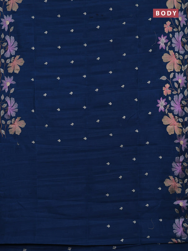Semi raw silk saree peacock blue with embroidery buttas and embriodery border